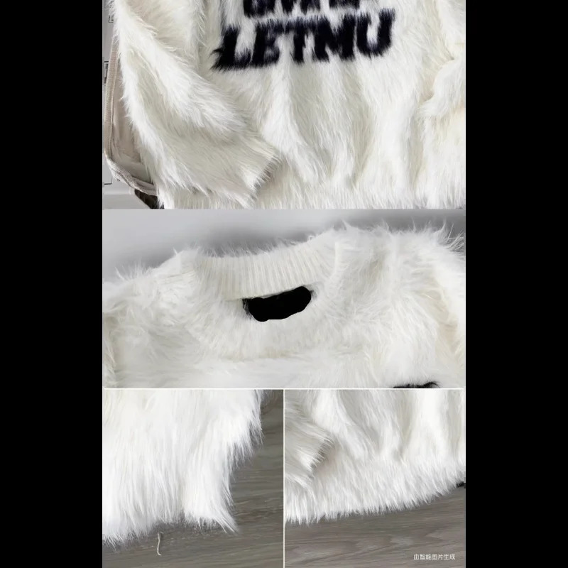 Letter mink sweater for women loose versatile knitted sweater contrast round neck pullover top 251023