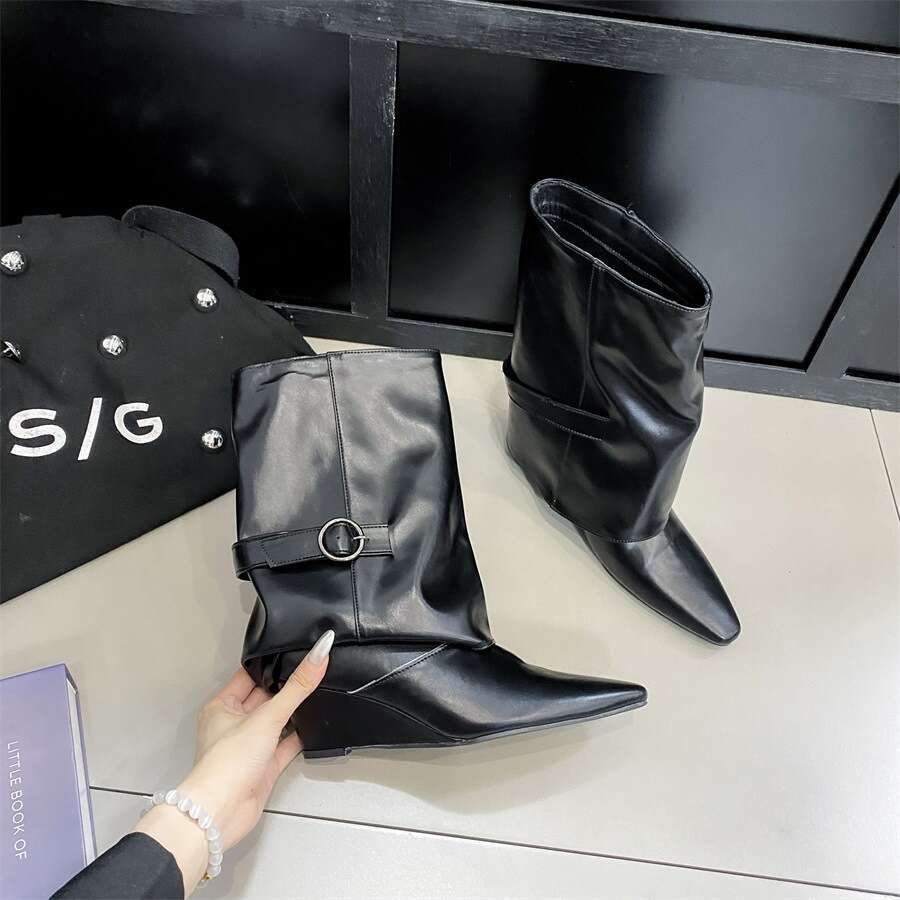 2025 Autumn New Style Ankle Square Toe Sexy Designer Shoe Women Belt Buckle Wedge Fashion Elegant Short Boots