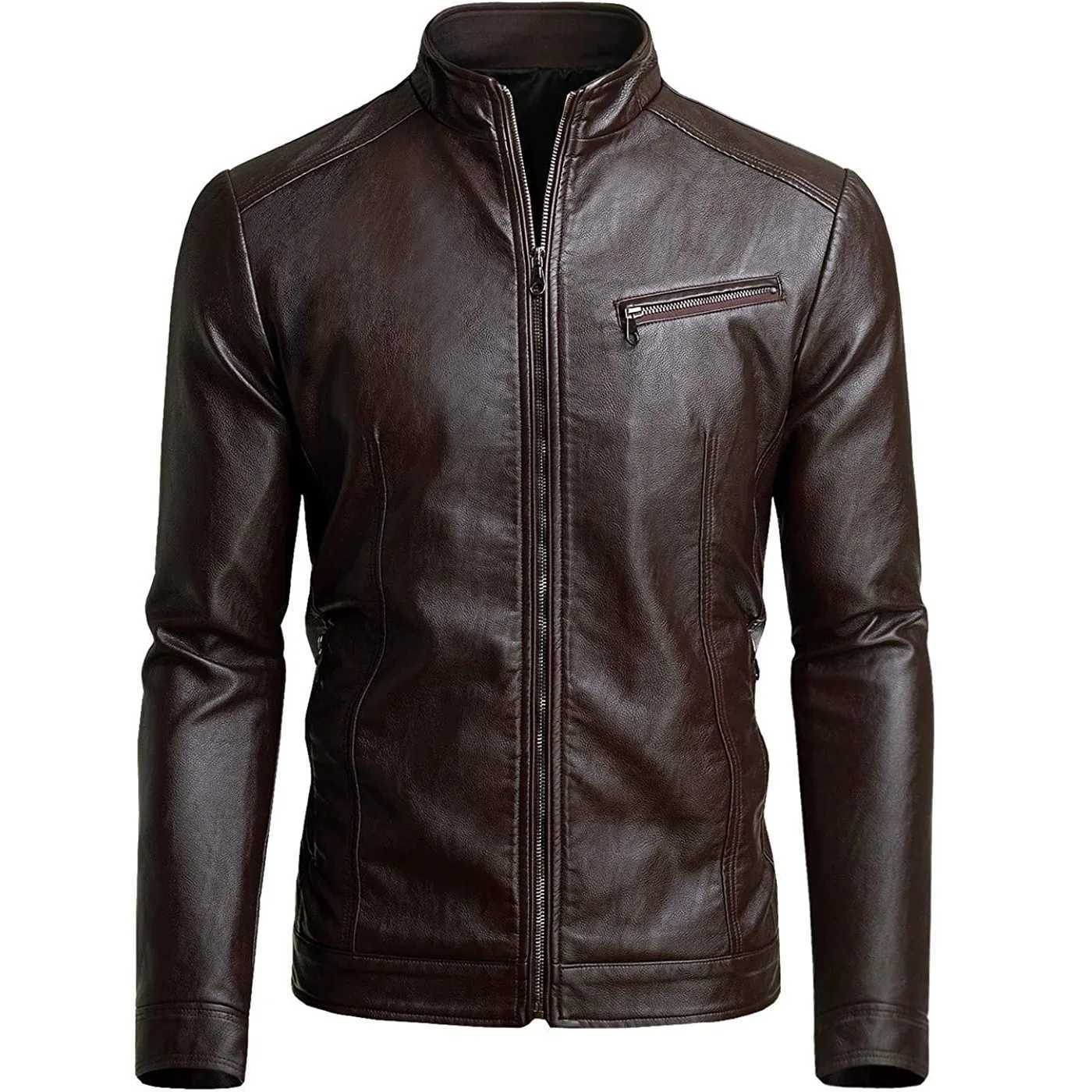 Autumn Winter Men Stand Collar Motorcycle Leather Jacket Coat Brown Black Coffee Multi Color Options Slim Fit Trendy Outerwear W251023