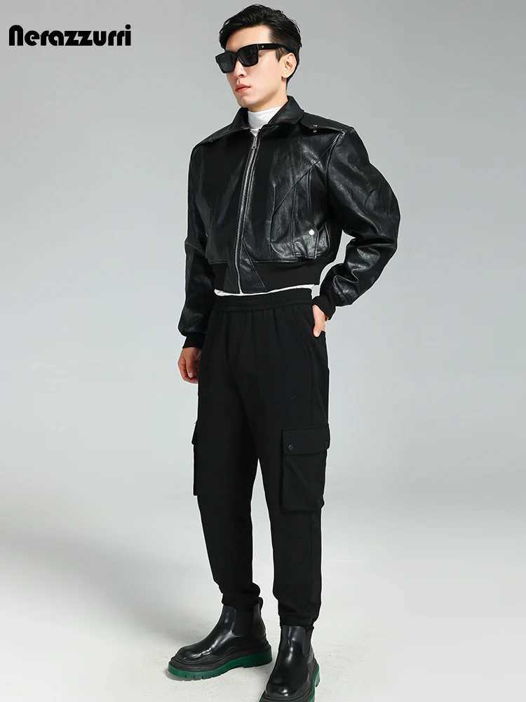 Nerazzurri Spring Autumn Cool Handsome Short Thickened Warm Soft Black Pu Leather Bomber Jacket Men Zipper Long Sleeve 2023 W251023