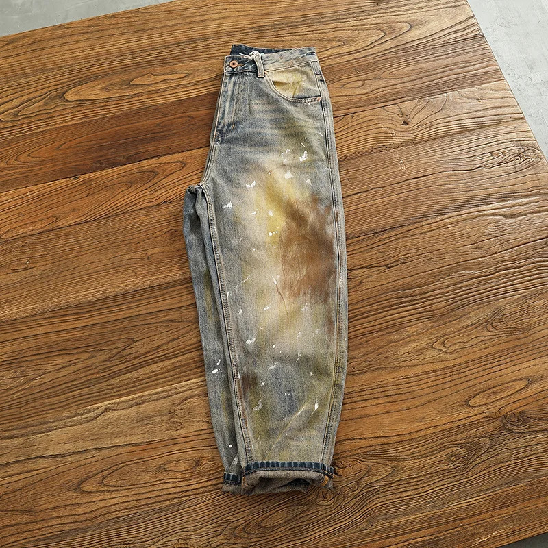Autumn and winter heavyweight loose straight leg jeans for men personalized splashed ink vintage denim pants 251017