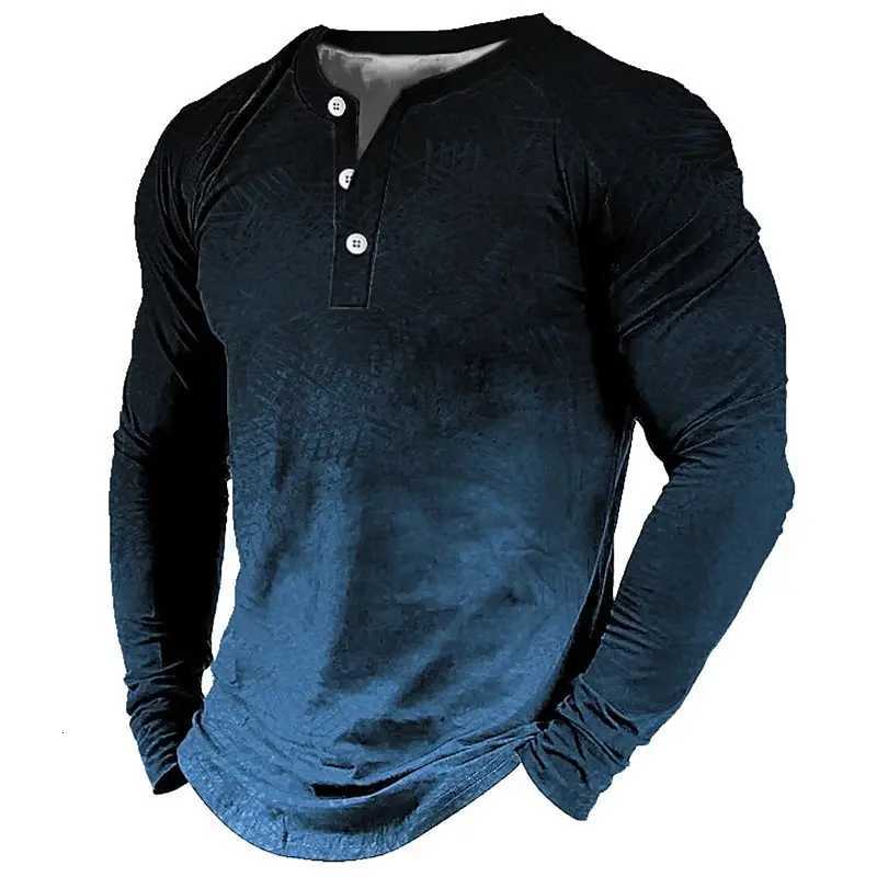 New Gradient 3D Printing Mens Henley Shirts Fashion Vintage Streetwear Oversized Button Long Sleeve T Shirt Tops Man ClothingXJ251023