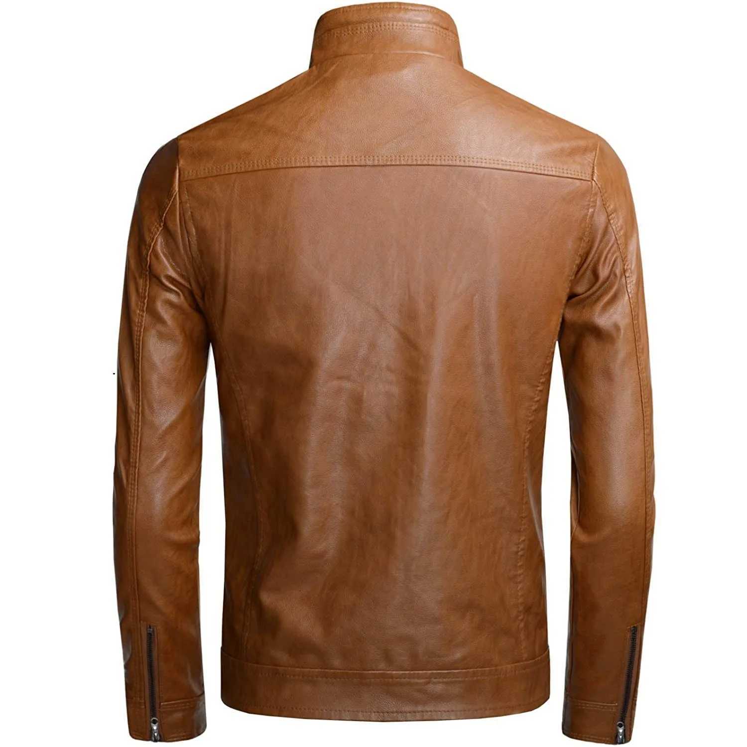Autumn Winter Men Stand Collar Motorcycle Leather Jacket Coat Brown Black Coffee Multi Color Options Slim Fit Trendy Outerwear W251023