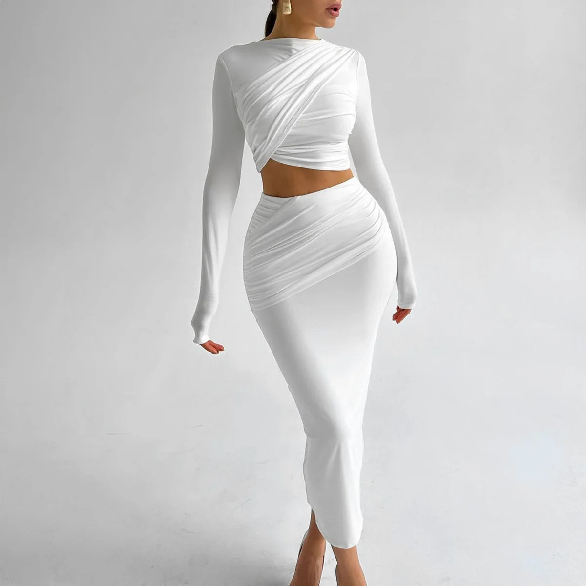Autumn Sexy Two Pieces Set For Women Spring Solid Ruched Long Sleeve Crop Top and High Waist Bodycon Skirt Suits 251022