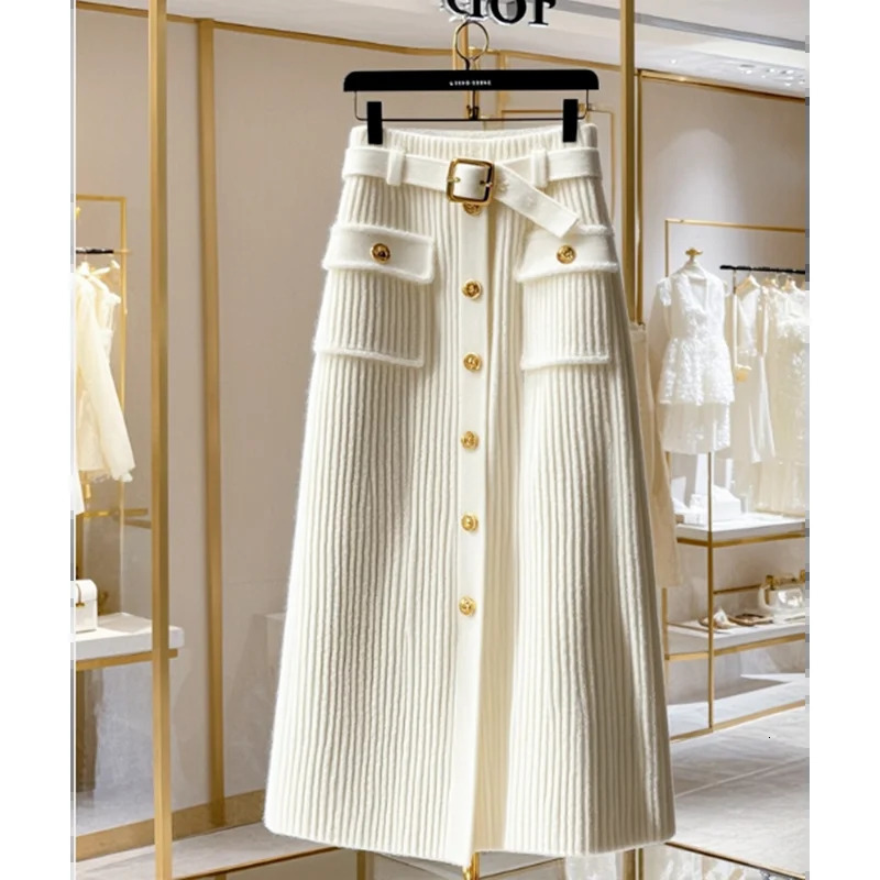 Ladies Winter HighGrade Sense Unique White HighWaisted AKnit Buttons Temperament Slim Fashion Joker Long Soft Skirt 251020