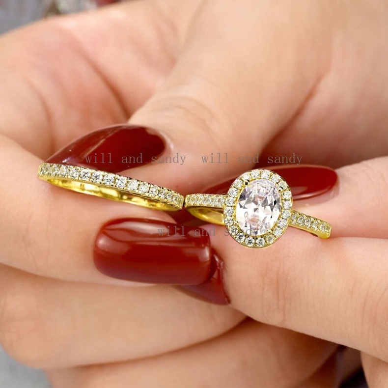 Fashion Band Rings Sterling Silver Ring Set for Women Oval Cut Solitaire Cubic Zirconia Engagement Ring Halo Promise Ring Knuckle Rings Fine Jewelry