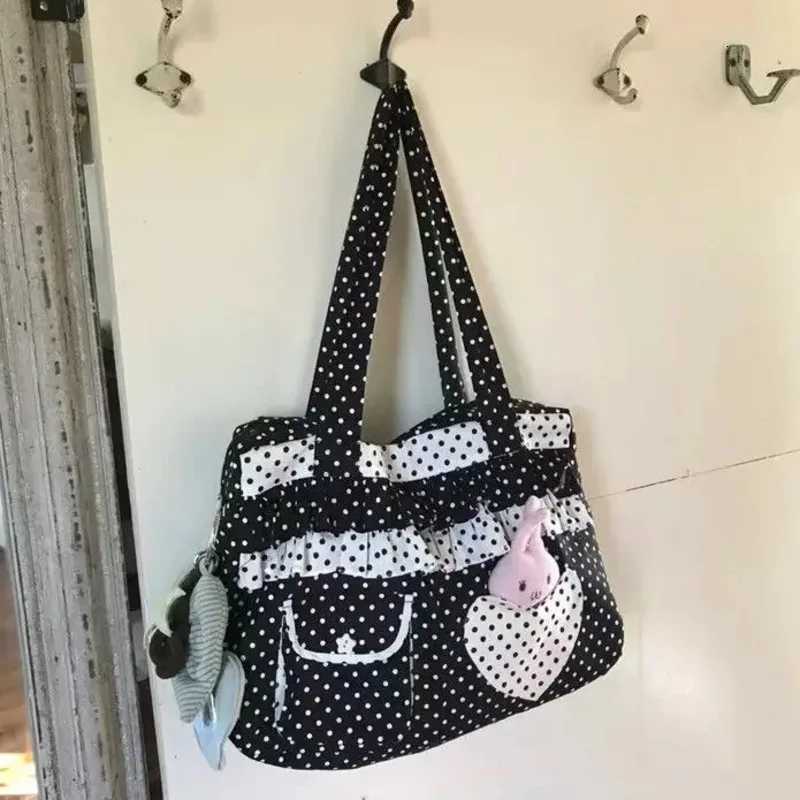 Dot Pattern Casual Shoulder Bag Ruched Sweet Girls Large Capacity Tote Bags Heart Pocket Cute Handbag Commuting Bags For WomenL251023