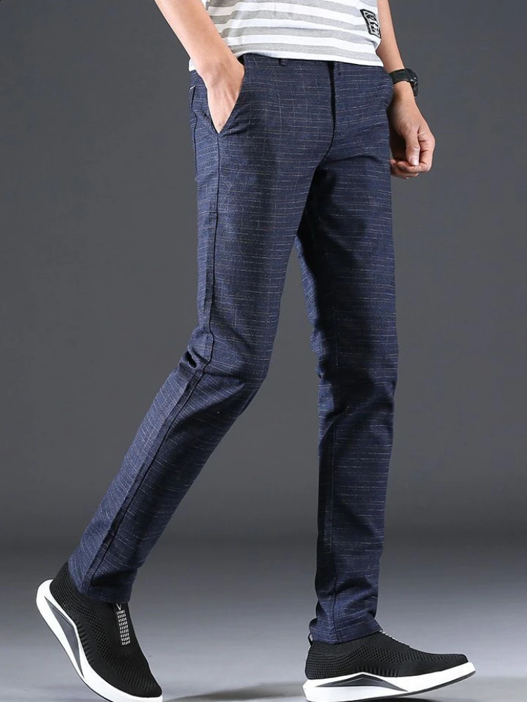 Male Suit Trousers Gray Plaid Check Straight Clothing Premium Mens Summer Pants Thin Casual Classic Slacks Dress Up 251023