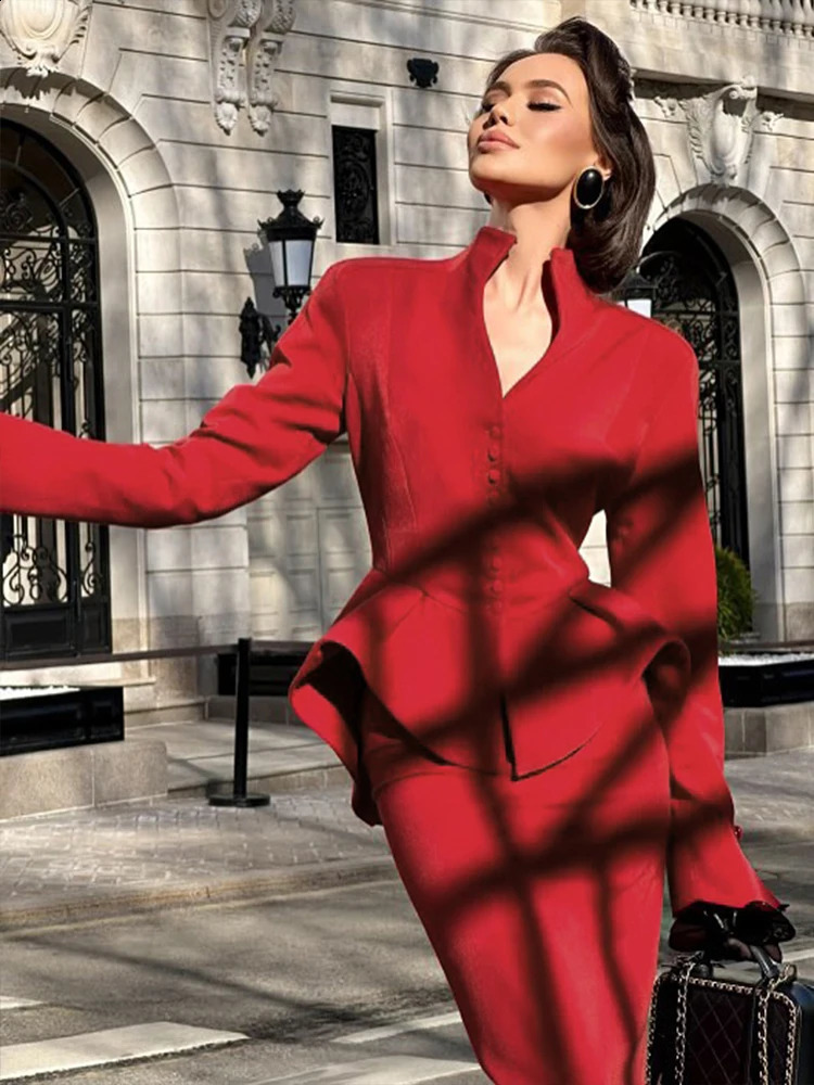 Cute Classic Women 2Piece Set Solid Simple Full Sleeve High Collar Irregular TopsMatching Midi Skirts Female Office Suit 251022