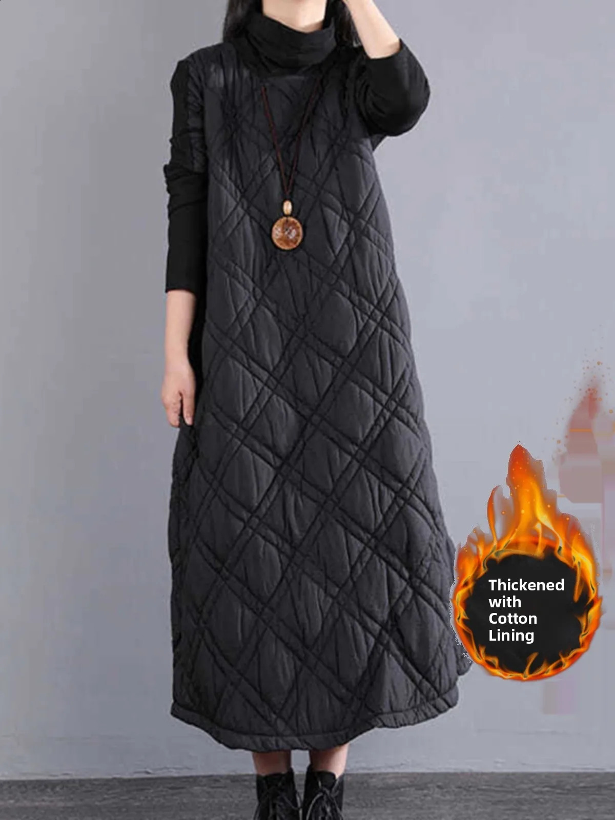 Retro High Collar Cotton Blend Long Dr Womens Loose Fit Thiened Autumn Winter Casual Sle ALine Skirt 251022