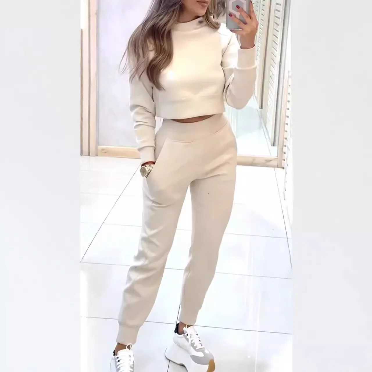 2025 New Womens 2piece Longsleeved Short Sweatshirt Turtleneck Fashion Casual Elastic Waist Slim Pant SetsT251022