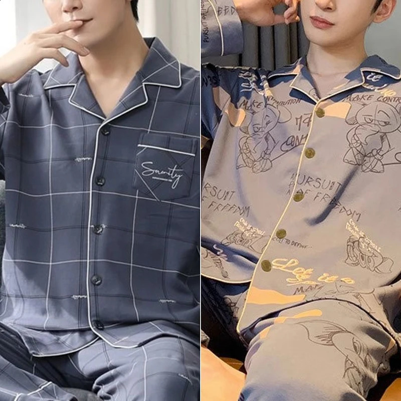 Mens Lapel Pyjamas Cotton LongSleeved Summer Mens Cotton Home Wear Suit 251021