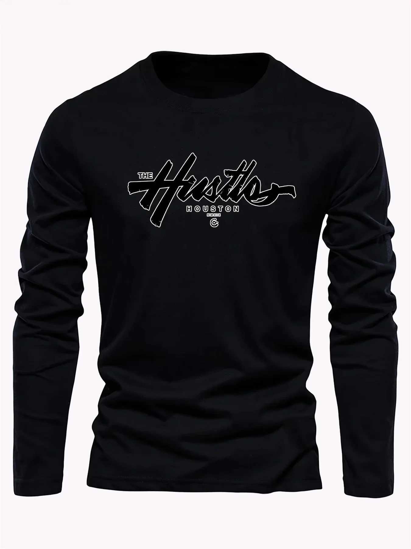 2025 Mens Spring and Autumn 100 Cotton Comfortable Casual Houston Letter Pattern Printed Round Neck Long Sleeve Tshirt TopXJ251023