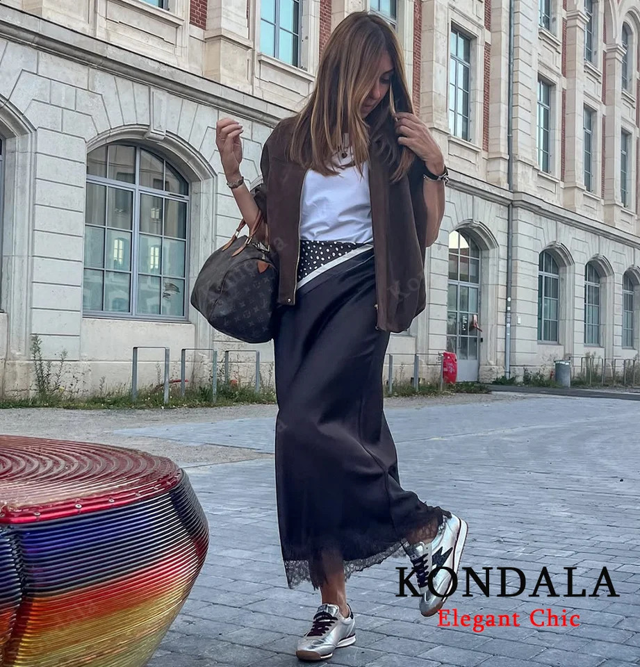 KONDALA Satin Lace Midi Skirt Womens Elegant y Dinner Dating Hem Autumn Fashion Party Ladies Brown 251022