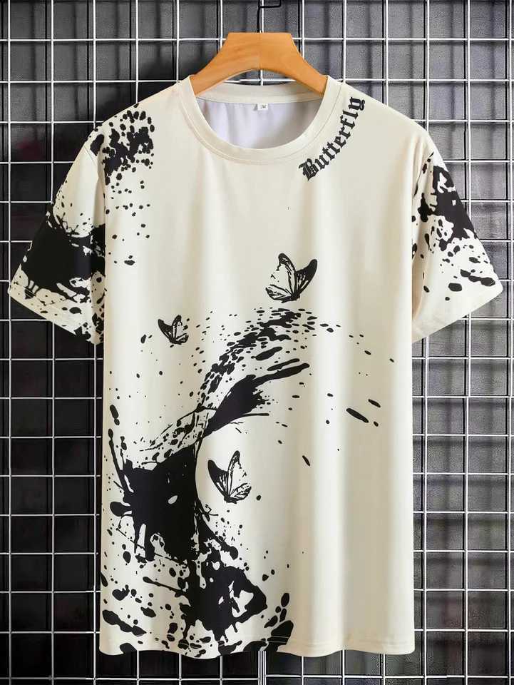 Fashionable casual mens butterfly and splash ink printed Tshirt comfortable breathable quick drying short sleeved TshirtXJ251023