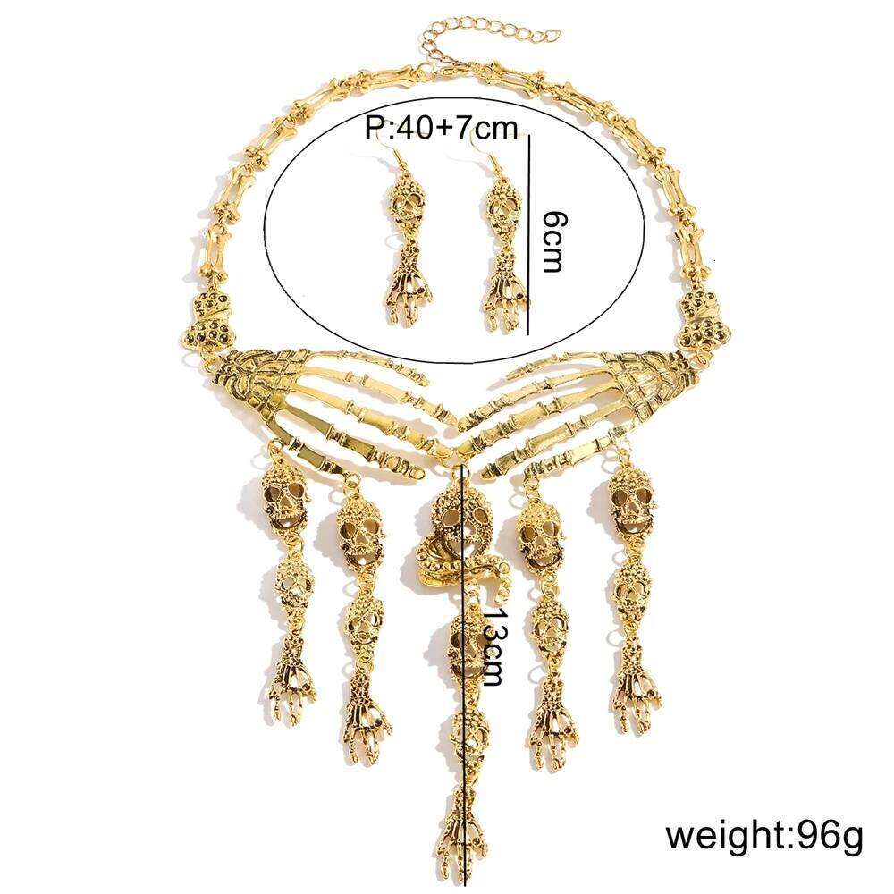 New Halloween Jewelry Gothic Punk Vintage Metal Ghost Hand Skull Necklace And Earring Set For Women Party Accessories