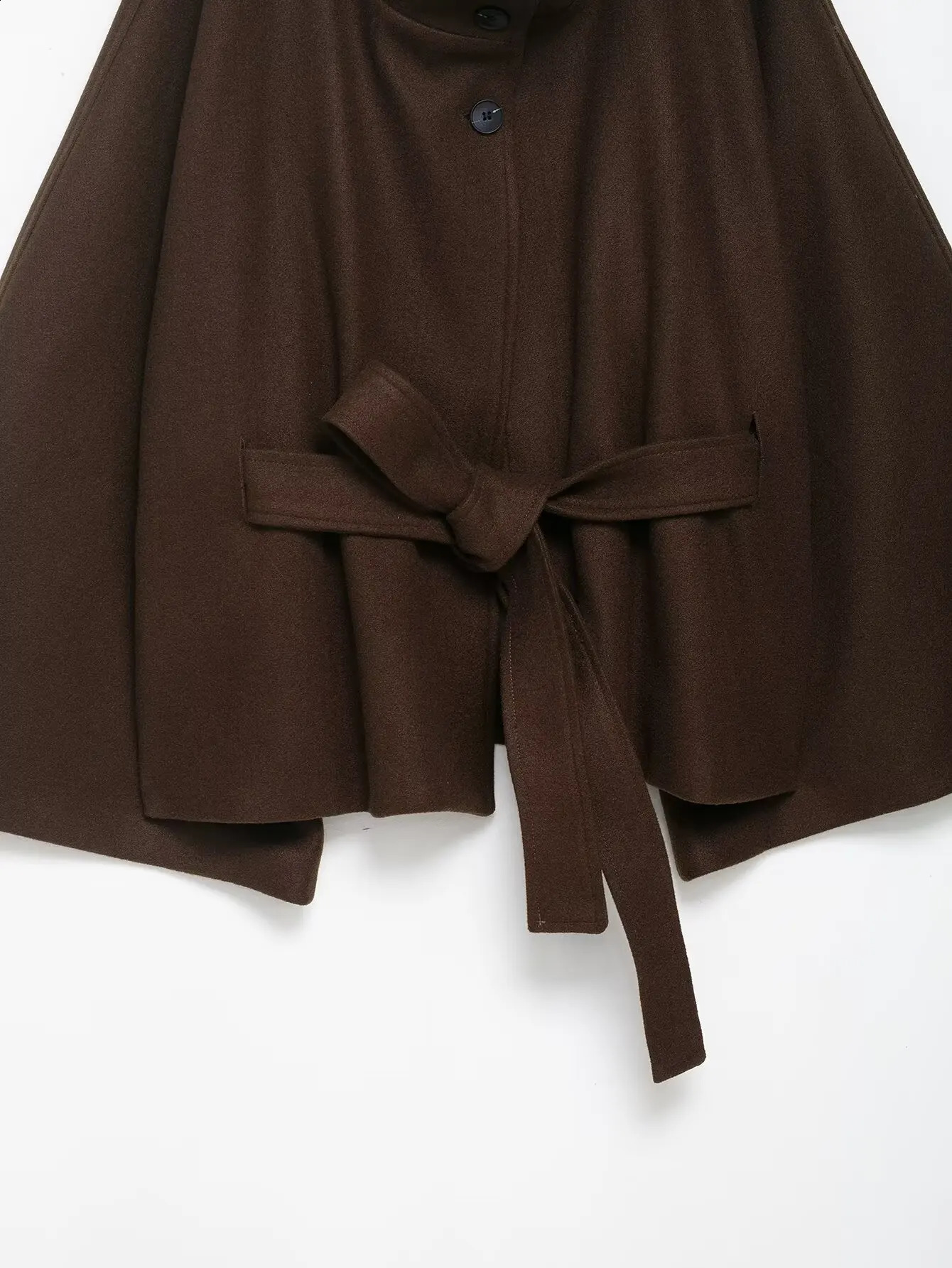 Faux Wool Blend Cloak Jacket Women StandNeck Three Button Wide Sleeves Belt Coats Female Autumn Solid Chic Fashion Outwears 251013