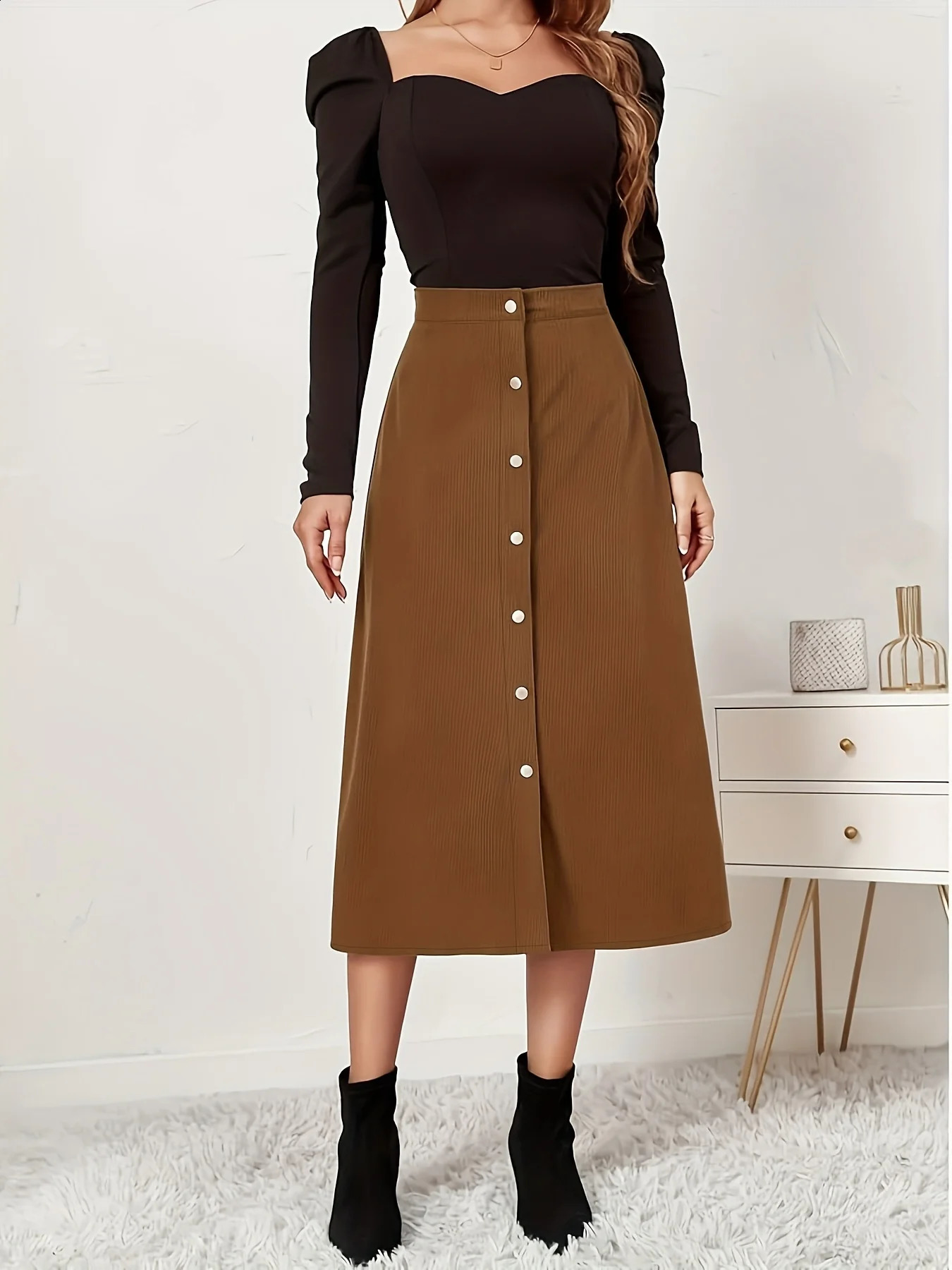 Dark brown Elegant woven half skirt for women plus size high waist Aline casual business womens 251022