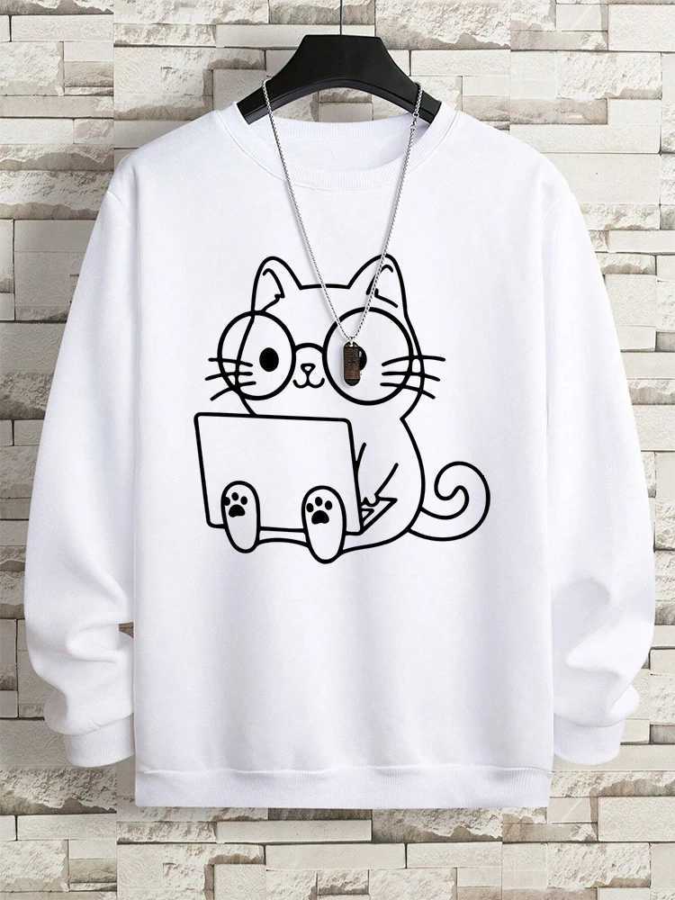 Gentleman Cat At Work Print Man Sweatshirt Hip Hop Loose Hoodie Autumn New Hoody Fashion Streetwear Pullover ONeck MenswearT251023
