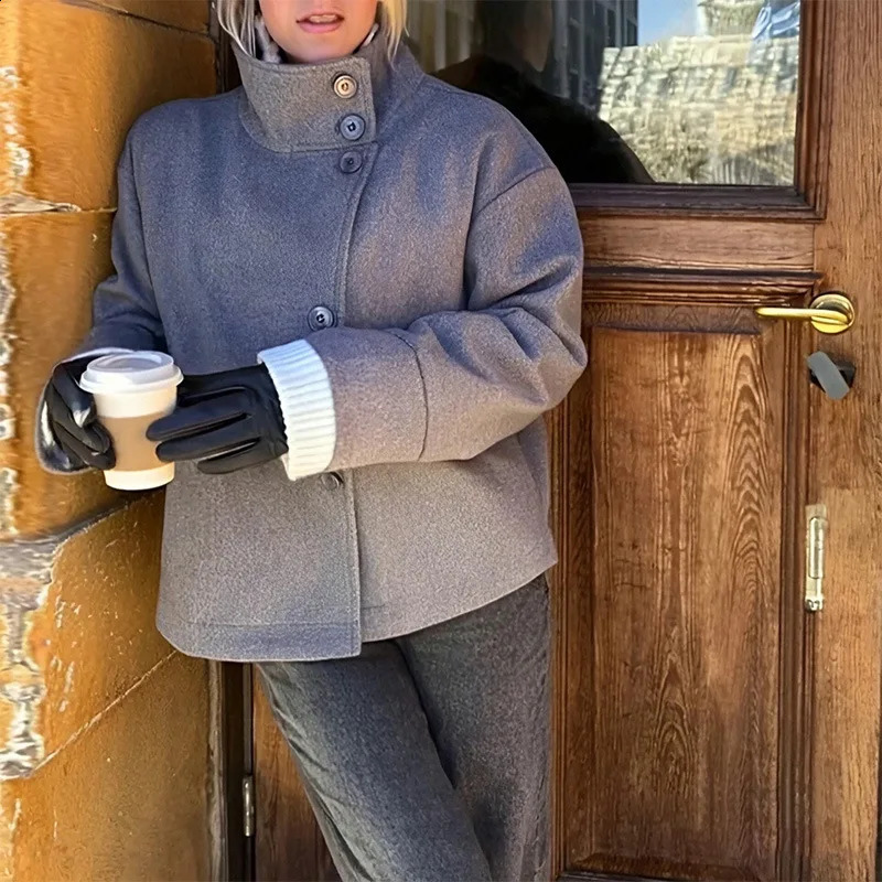 2025 Fall and Winter Womens Jacket Elegant Stand Collar Single Breasted Buttoned Loose Coat Woolen Solid Women Outwears 251018