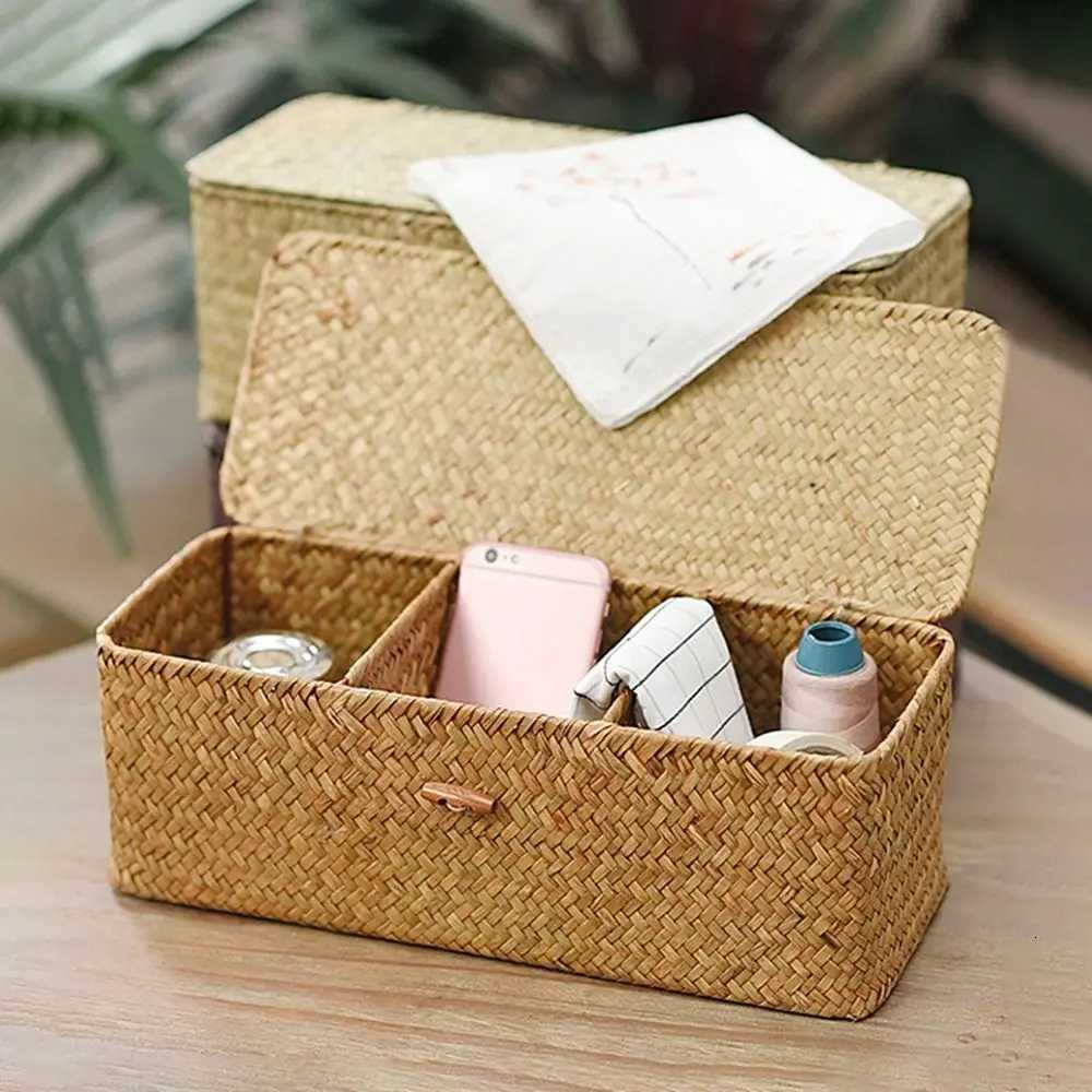 3 Grids Hand Woven Storage Baskets with Lid Dust Clothing Basket Storage Box Rectangular Wardrobe Container Sundries Organizer C251023