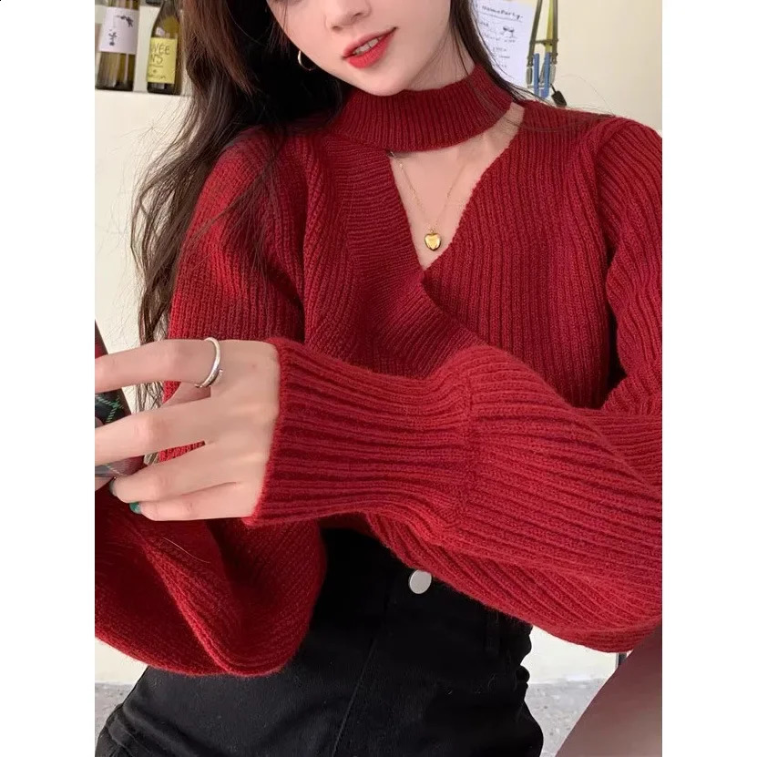 Red Irregular Asymmetrical Collar Lantern Sleeve Knitted Sweater Loose Short Korean Style Lazy Top Womens Fashion Winter Sa 251020