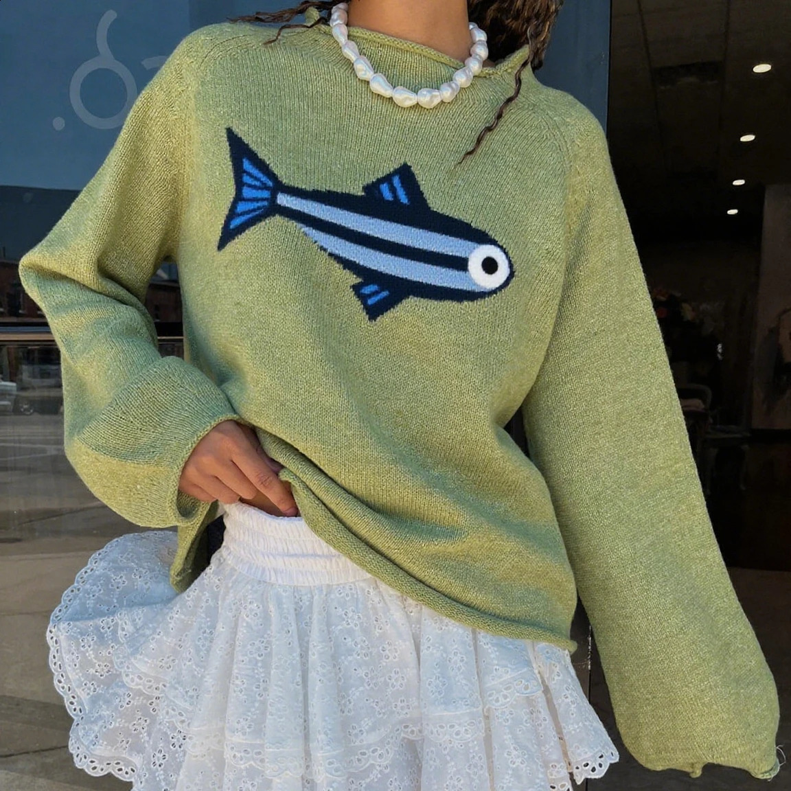 Collection Sardine Knitted Sweater Light Green With Fish Pattern Women Pullover For Casual Wear 251023
