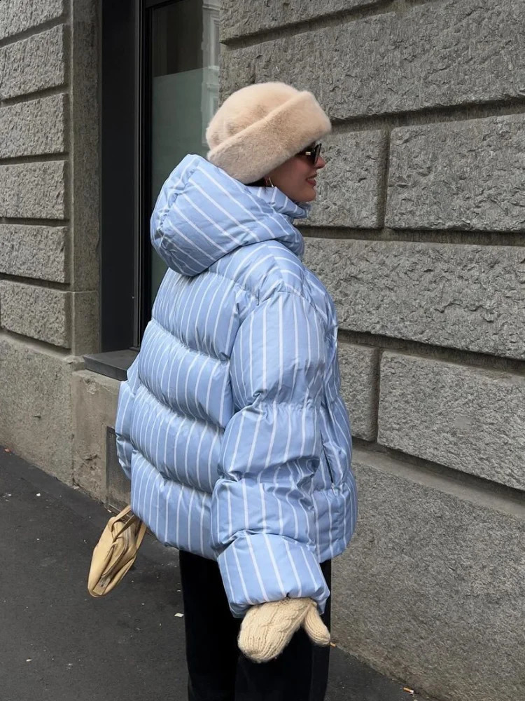 Striped Womens Winter Quilted Jacket Hooded Thicken Single Breasted Long Sleeve Casual Female Coat Chic Loose Outwear 251021