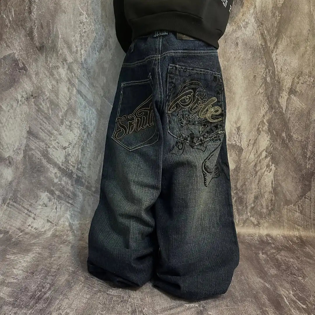 Vintage Versatile Street Baggy Wideleg Straight Jeans Pocket Pattern n Washed Hip Hop Element Low Waisted 251018