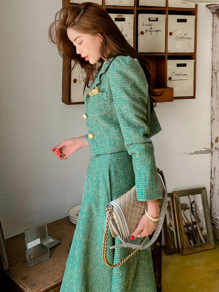 Fashion Office Lady Outfit Vintage Bule Long Sleeve Short Blazer Women Coat Suit Jacket Zipper Midi Skirt Business 2 Piece Sets 251022