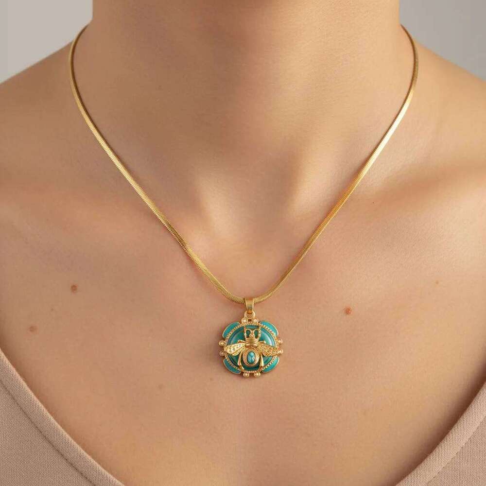 Elegant Gold Plated Bee Charm Jewelry Set - Teal Enamel Ring, Pendant Necklace & Stud Earrings For Women