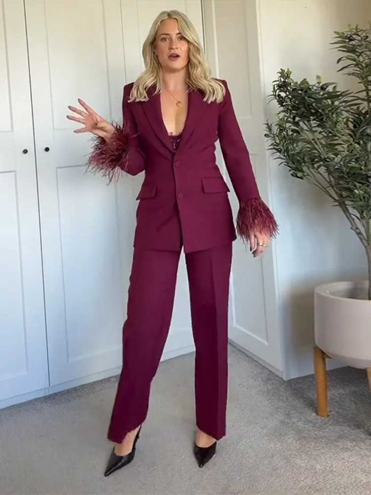 Fashionblazer Sets Women Pant Suits Lapel Long Sleeves Singlebreasted Feather Blazer High Waist Long Pants Female OutfitT251022