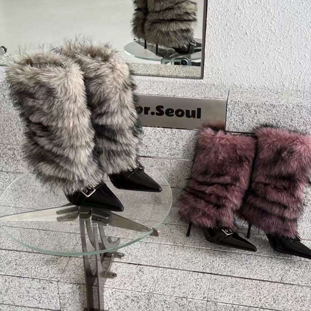 2025 Autumn Fashion Belt Buckle Thin Designer Shoe Heel High Tube Slim Furry Knight Over-the-Knee Straight Warm Women's Boots