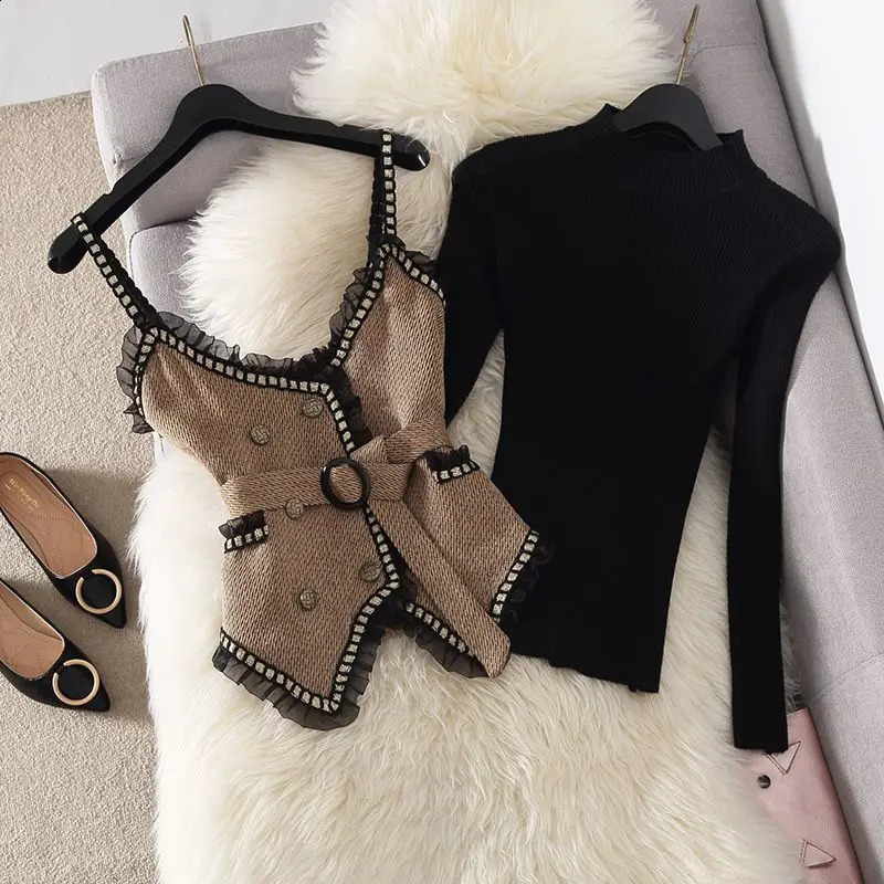 Arrival TwoPiece Set Summer Elegant Versatile Crop Top Sweater Trendy Belted Polyester Long Sleeve Casual Outfit 251022
