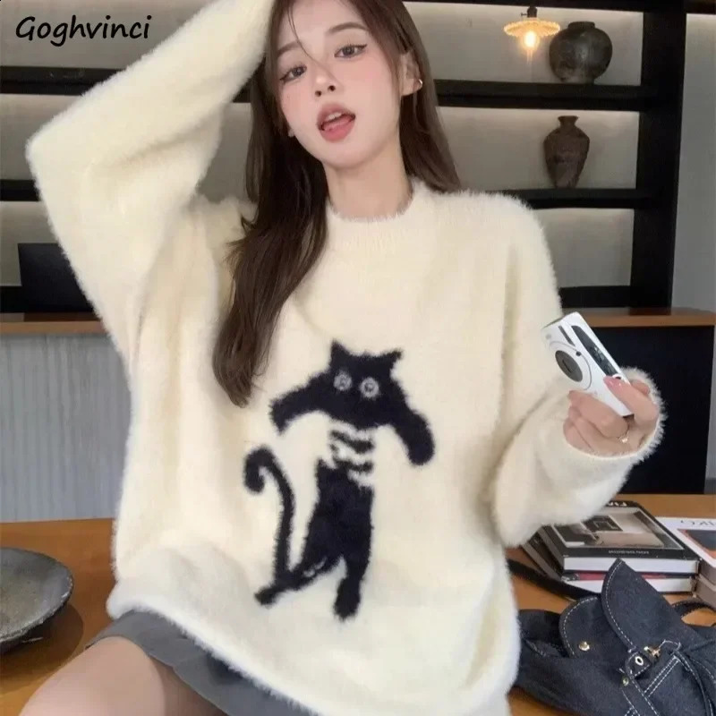 Lazy Style Pullovers Women Loose Fit Chic Cartoon Cats Allmatch Leisure College Knitted Velvet Classic Prevalent Autumn Mujer 251023
