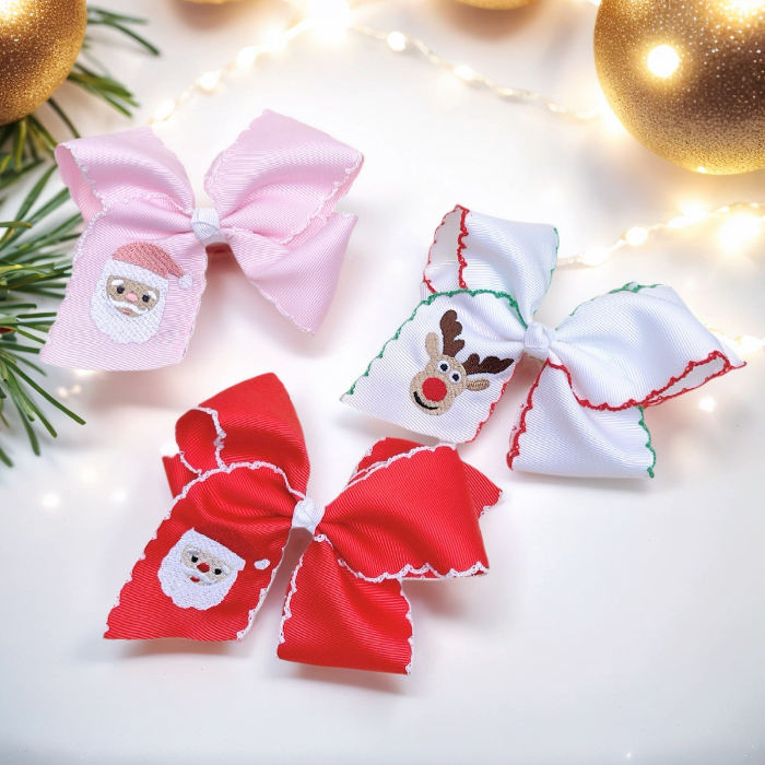 Christmas Hair Clip Cartoon Hair Accessory Elk Embroidery Santa Claus Hair Bow Clip Moonstitch Edge Ribbon Hair Pins for Girls MA126