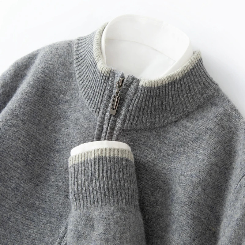 Mens 100 Merino Wool Warm Sweater Mock Collar Thickened Zippered Cardigan Autumn Winter Cashmere Knitted Montage Tops 251023