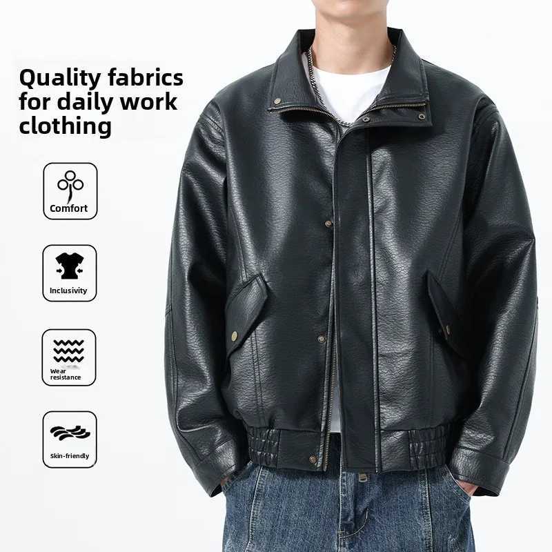 2025 Casual highquality leather jacket for men in autumn loose fit PU leather retro collar motorcycle style casual and stylish W251023