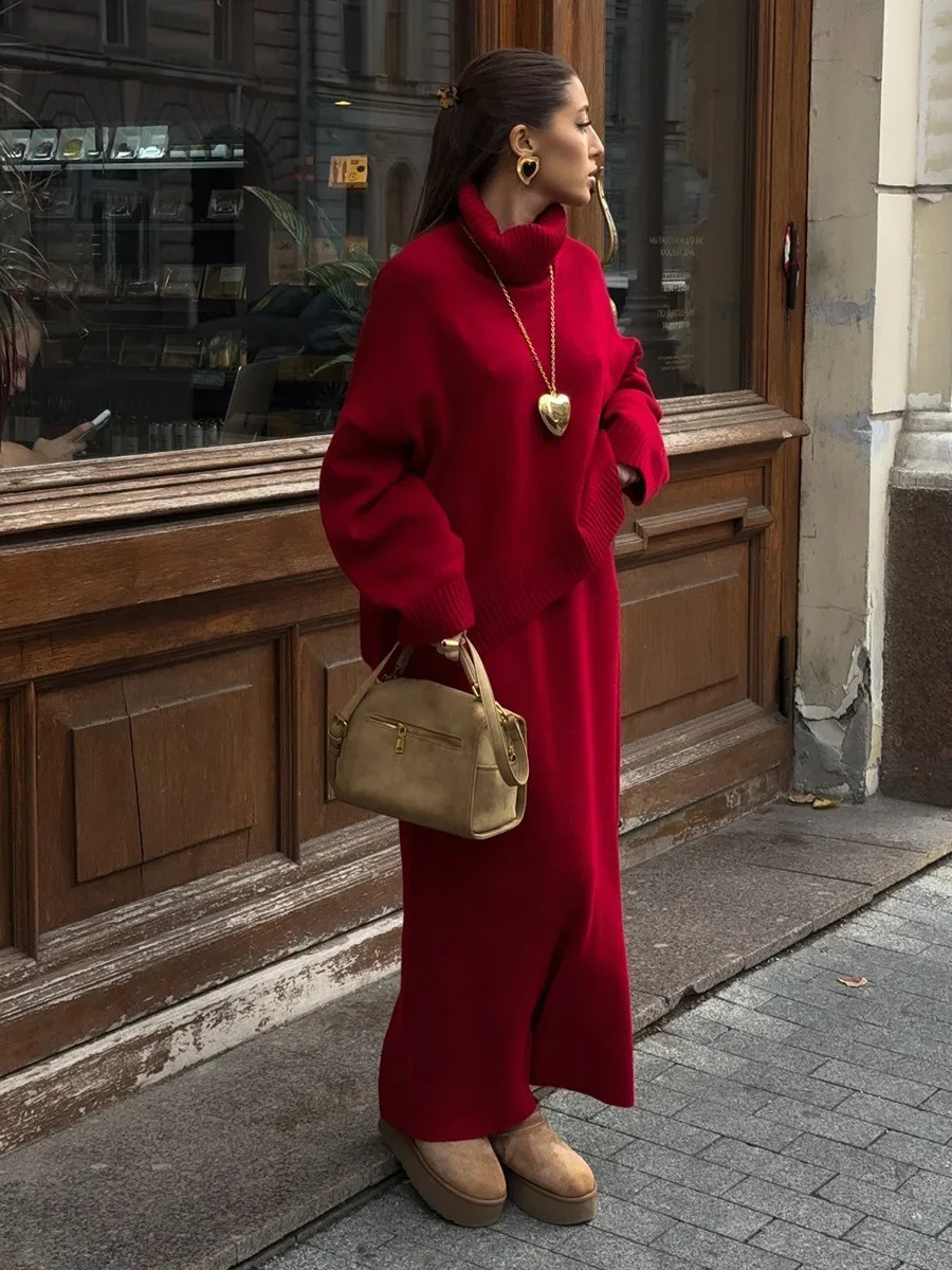 Wolfeel Womens Knitted Turtleneck Sweater Skirt 2 Piece Set Autumn Winter Loose Solid Color Knit Outfit Casual Warm Suit 251022