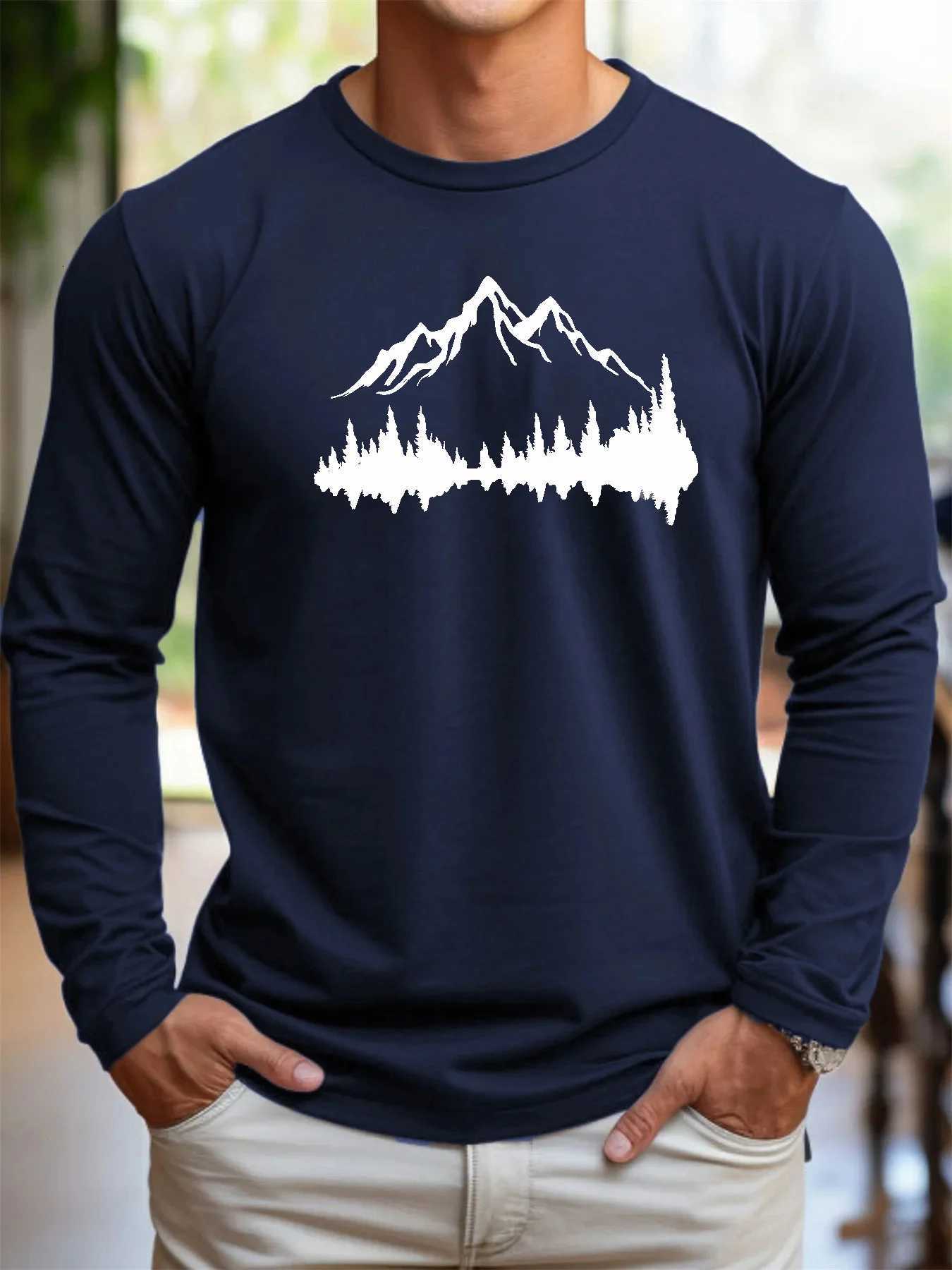 Mens 100 pure cotton loose fit comfortable casual sports mountain reflection pattern printed round neck long sleeved TshirtXJ251023
