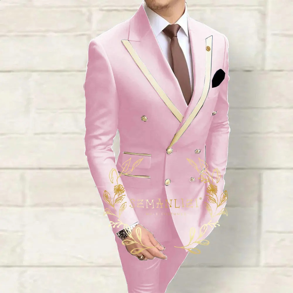 Double Breasted Mens Suits Navy Blue Peaked Lapel Slim Fit Wedding Groomsmen 2 Piece Sets Jacket Pants Costume Homme 251023