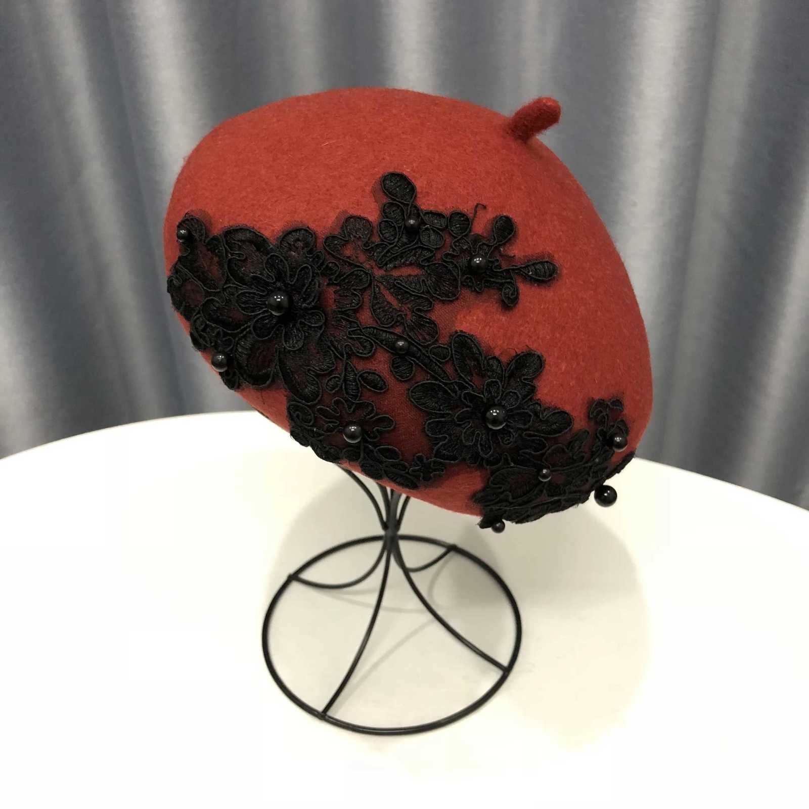 VISROVER winter wool beret with lace and pearls fa wool winter autumn spring hat solid color top quality Wen BoinaW251023