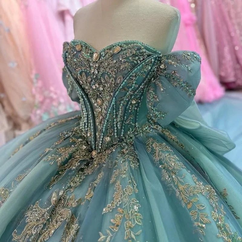 Mint Green Shiny Quinceanera Dresses off the shoulder Applique Lace Beading Crystal Tull Bow glitter vestidos de 15 anos sweet 16 dress