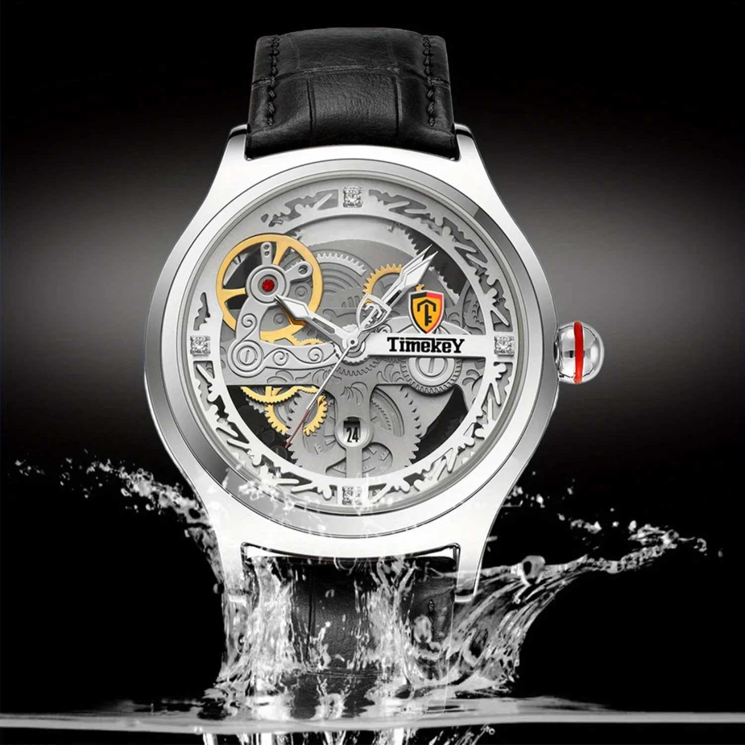 TimeKeyFashion Classic Mechanical Style Stainless Steel Buckle Skeleton Dial Screw Crown Luminous Mens Quartz WatchL251023