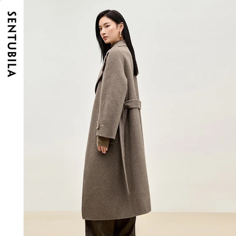 SENTUBILA Women Wool Blend Long Coat Winter Warm Outerwears Loose Fit Stand Neck Double Sided Belted Overcoat W44O56661 251021