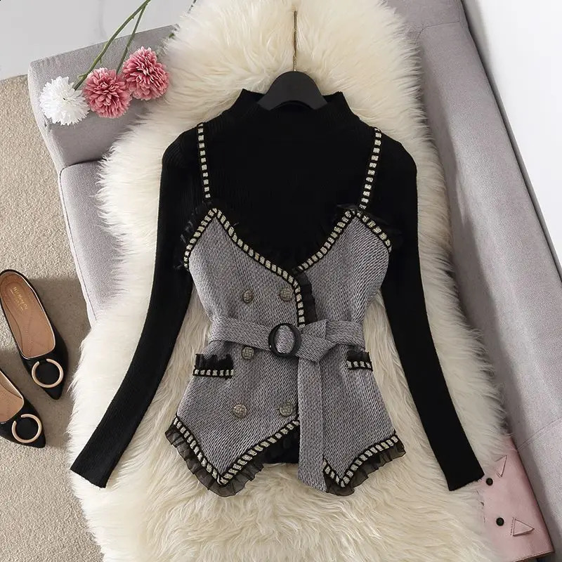 Arrival TwoPiece Set Summer Elegant Versatile Crop Top Sweater Trendy Belted Polyester Long Sleeve Casual Outfit 251022