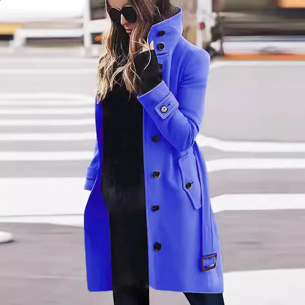 Solid Color Button Long Wool Coat Autumn Warm Stand Collar Women Fashion Ladies High Neck Pocket Belt Trench 251021