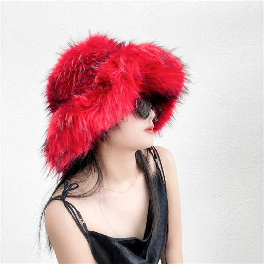 Fluffy Faux Fur Bucket Hats Y2k Women Raccoon Fur Hat Warm Thick Plush Winter Hat Lady Fashion Panama Furry Fisherman Cap 251022
