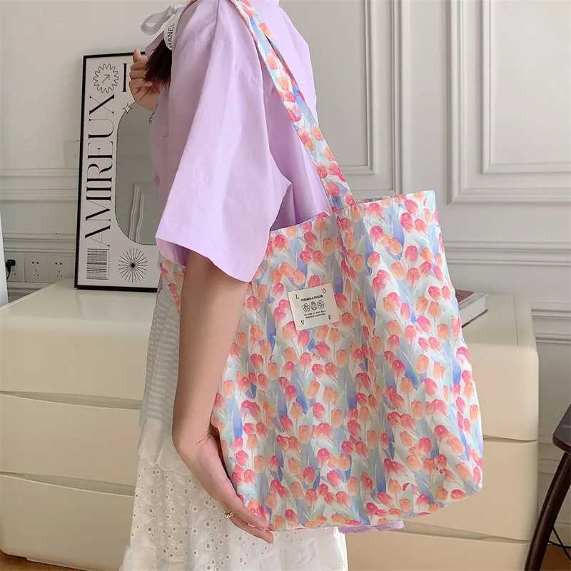 Floral Canvas Tote Bag for Women Large Capacity Printed Shoulder Bag Shopping Bag Female Fashion Casual Open HandbagL251023