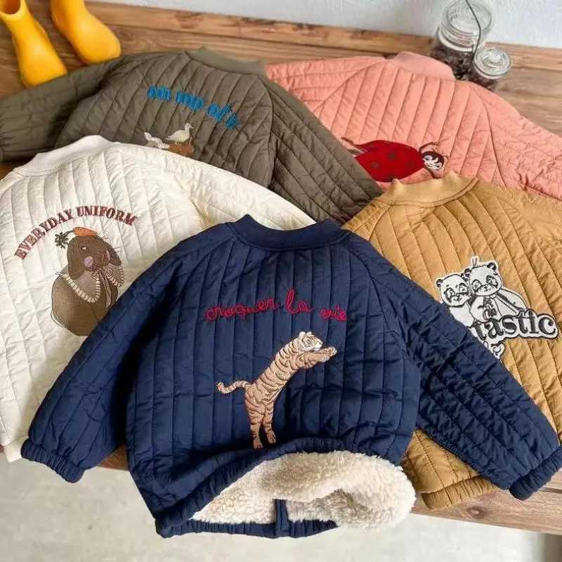 Winter New Children Plus Velvet Thick Warm Coat Cartoon Embroidery Baby Girls Quilted Jackets Kids Boys Cotton Padded Jacket Y251023